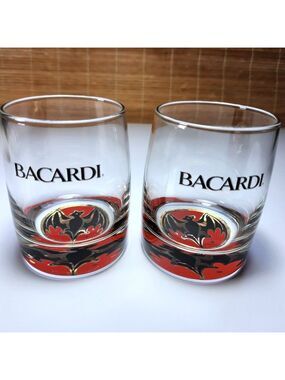Bacardi Rum Cocktail Glass Bat Logo Lot of 2 Weighted lo-ball Collectable 10oz